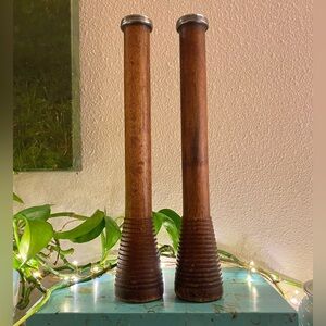 2 Vtg WOOL SPINDLES Textile Mill  Bobbins Industrial Salvage Wooden Silver Metal